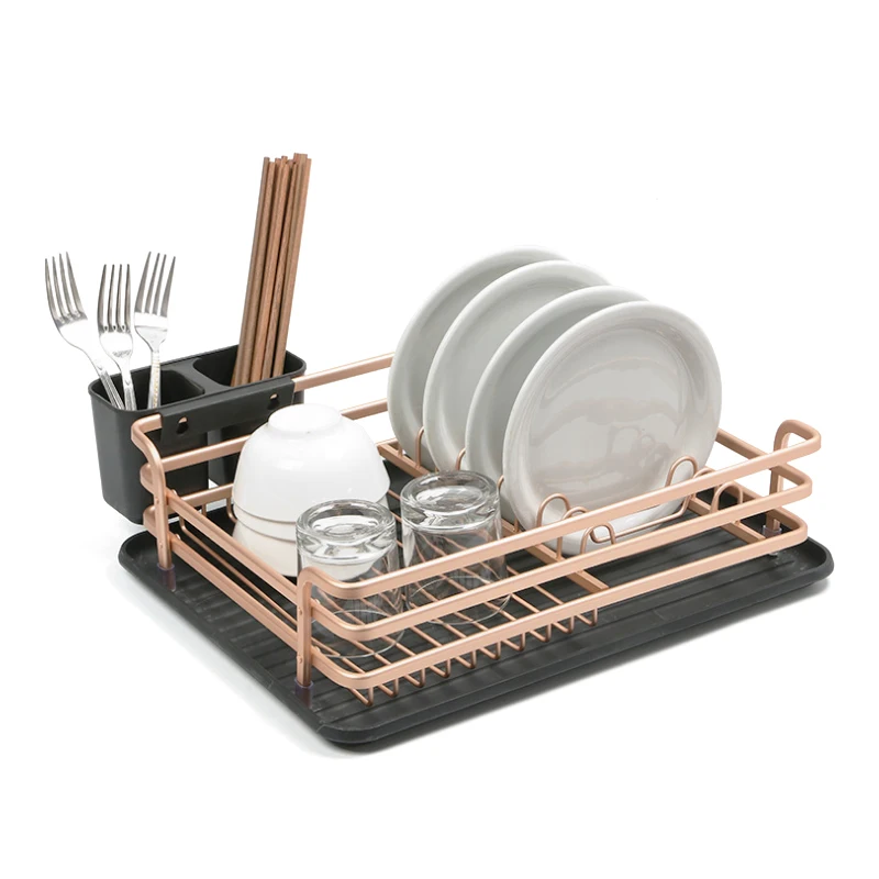 

Rose Gold Space Aluminum Dish Rack Drainer Kitchen Organizer Plate Storage Dish Drying Rack
