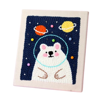 

DIY Knitting Wool Rug Hooking Kit Handcraft Woolen Embroidery Gift with 26 x 30cm Solid Wood Frame Punch Needle - Polar Bear