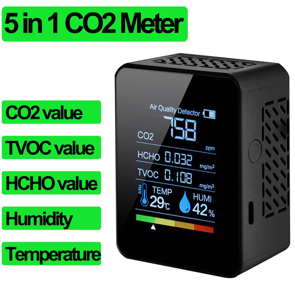 tape measure cm 5 in 1 CO2 Meter Digital Temperature Humidity Sensor Tester Air Quality Monitor CO2 Detector Carbon Dioxide TVOC HCHO Detector instrument to measure wind speed Measurement & Analysis Tools