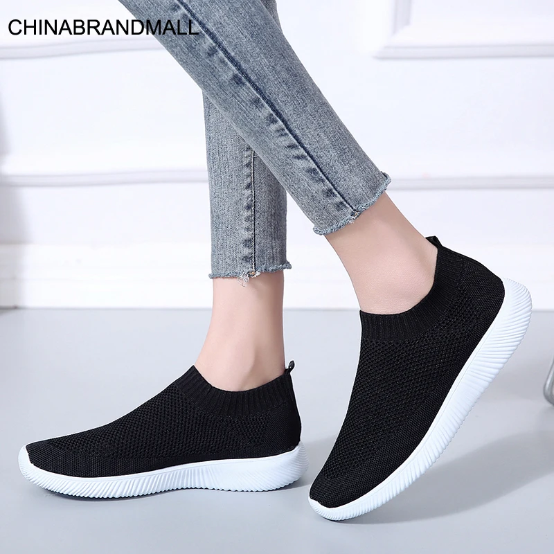 

2020 Plus Size 43 Breathable Mesh Platform Sneakers Women Slip on Soft Ladies Casual Running Shoes Woman Knit Sock Shoes Flats