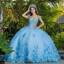 

Sky Blue Quinceanera Dresses Sweet 16 Ball Gown Princess Party Off The Shoulder Appliques 3D Flowers Vestidos De 15 Años
