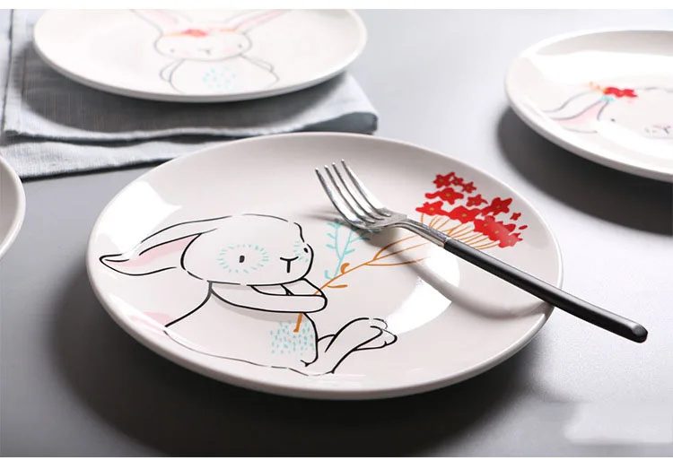 4Pcs Cute Cartoon Rabbit Ceramic Plate Cake Dinner Dish Creative Bone Porcelain Cattle Drainage Fruit Plate Dessert Dish