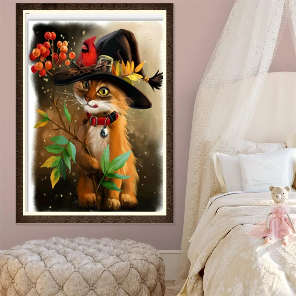 

New Arrival Diy Diamond Painting Animal Cat 5D Pattern Fashion Hat Cat Full Round Diamond Living Room Bedroom Painting