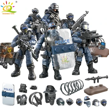 

HUIQIBAO Military SWAT POLICE Soldier with Gun Bricks Figures set Weapon Army ww2 city Building Blocks children toys