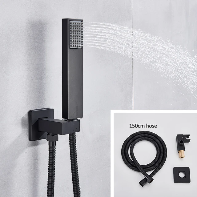 Quyanre Matte Black Shower Faucets Set Rain Waterfall Concealed Shower System Wall Mount Bathtub Shower Mixer Shower Combo Set 4