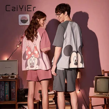

CAIYIER Cotton Print Pajas Mickey Minnie Ladies Sleepwear Homewear Summer Casual Men's Pajas Couples Pajamas Suit Round Neck