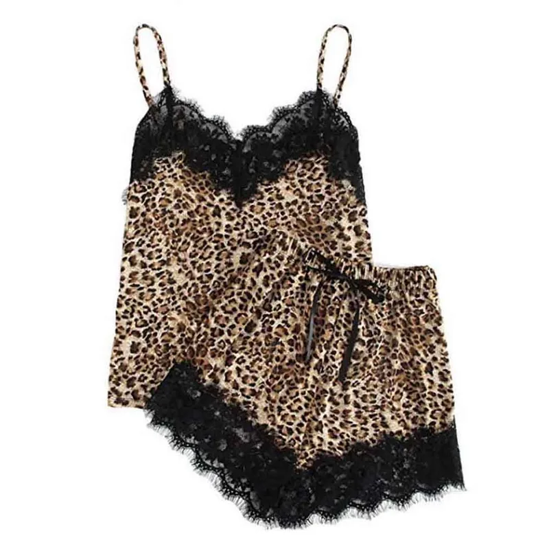 

Sexy Girl Cute Lace Leopard Print Pajamas Women Fashion Sling Underwear Shorts Casual sling Ladies Pajama Sets Summer 2020