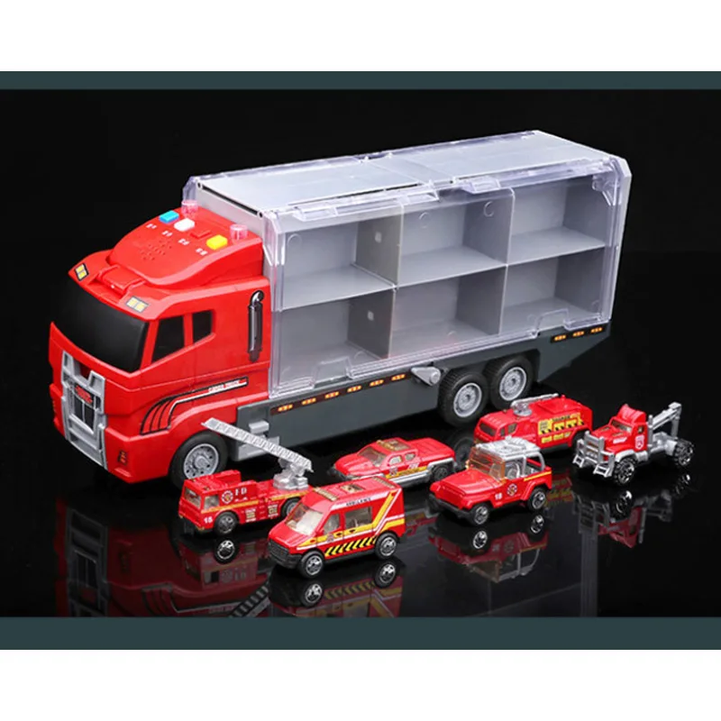 Большой грузовик и 6 шт. мини литой автомобиль модель 1: 64 масштабные Игрушки транспортные средства Перевозчик грузовик инженерные игрушки для детей мальчиков