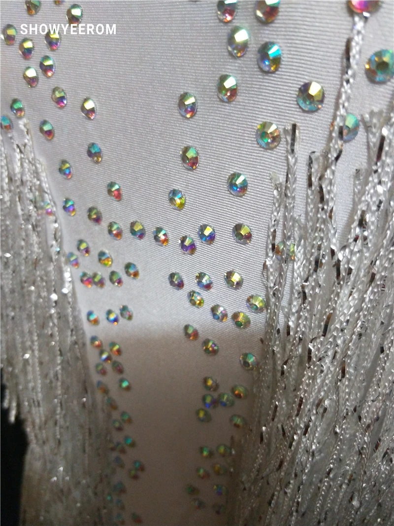 white Sparkly Rhinestones Tassel Leotard Nightclub Dance DS Show Stage Wear Stretch Bodysuit Party Female Singer Outfit