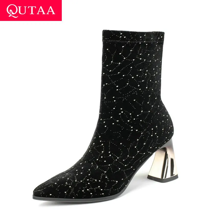 

QUTAA 2020 Flock Warm Fur Autumn Winter Women Shoes Sexy Pointed Toe Fashion Hoof Heel Slip on Elastic Ankle Boots Size 34-42