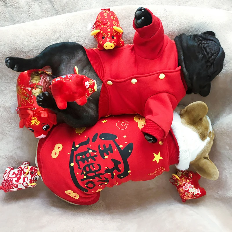 Новогодняя одежда для собак, китайский Весенний фестиваль, пальто для собак, куртка с подкладкой, французский бульдог, одежда для домашних животных, одежда для средних и больших собак