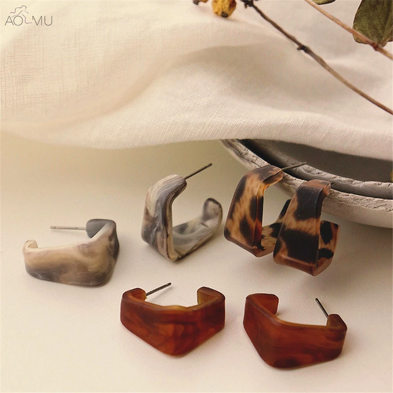 

AOMU Korean Trend Leopard Acrylic Geometric Trapezoid Square Hoop Stud Earrings for Women Gift Jewelry Party Boucle D'oreille
