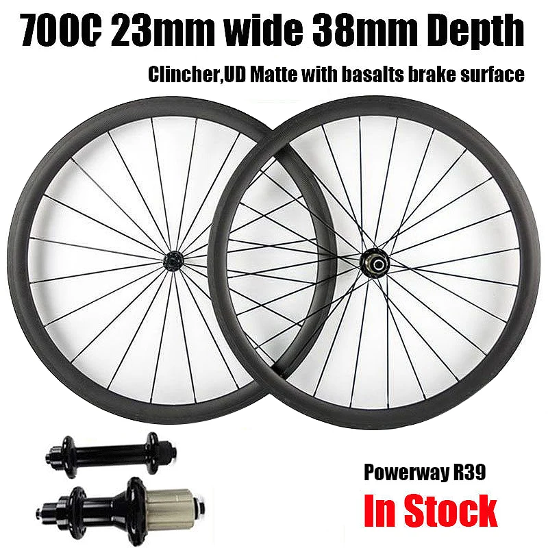 700C Ultra Light Full Carbon 23mm 38mm Road Bike Clincher Wheelset with Powerway R39 Hub Basalt V brake Surface Road Bike Wheels