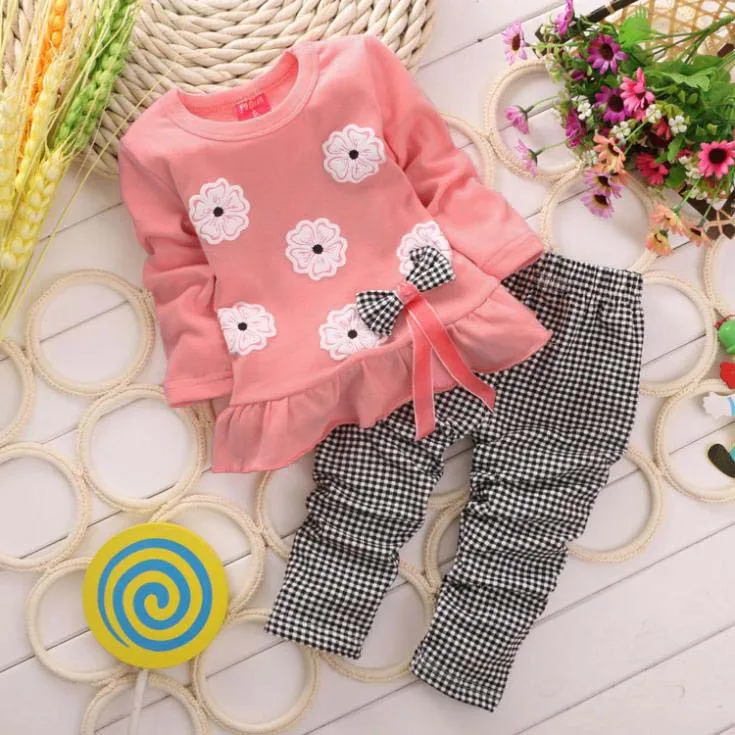 

2 Pcs Kids Autumn Clothing Set Cute Flower Appliques Bow Tops Suit Girls Plaid Trousers Fashion Kids Spring Costumes Clothes