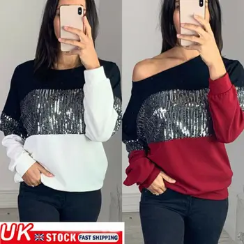 

Fashion Women's Sequin T Shirt Ladies Stripe Casual Long Sleeve Blouse Tops Women Patchwork Slim Fit pullover Top Sweatshirts