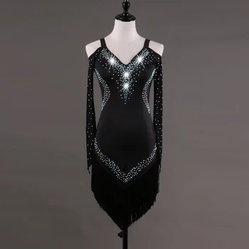 

New Women's Off-the-shoulder Long-sleeved Latin Dance Costume Ladies Competition Dress Latin Dance Tassel Performance Dress