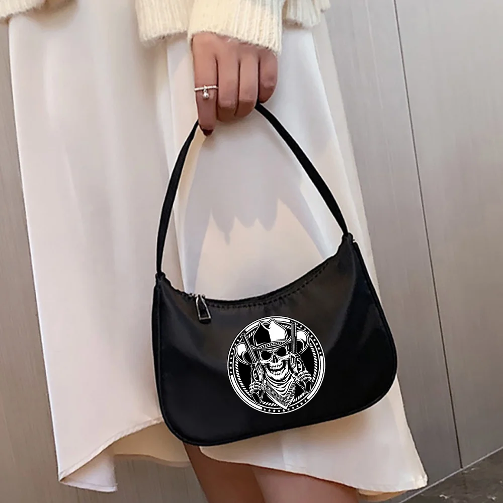 Fashion Trend Women'S Bag Commuter Shoulder Bag Handbag Gothic Punk Skull Pattern Print Fashion Underarm Bag Black Cosmetic Bag