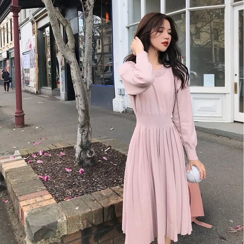 

New Women Winter Warm Pleated Knitting Dress Elastic Stretch Long Sleeve A-Line Knit Dress Female Korea Casual Dress