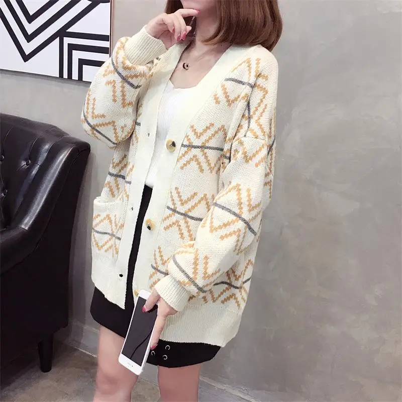 

New Autumn And Winter Retro Geometry Loose-Fit Sweater Women's Versatile Students Elegant Cardigan Mid-length V Neck Sweater Coa
