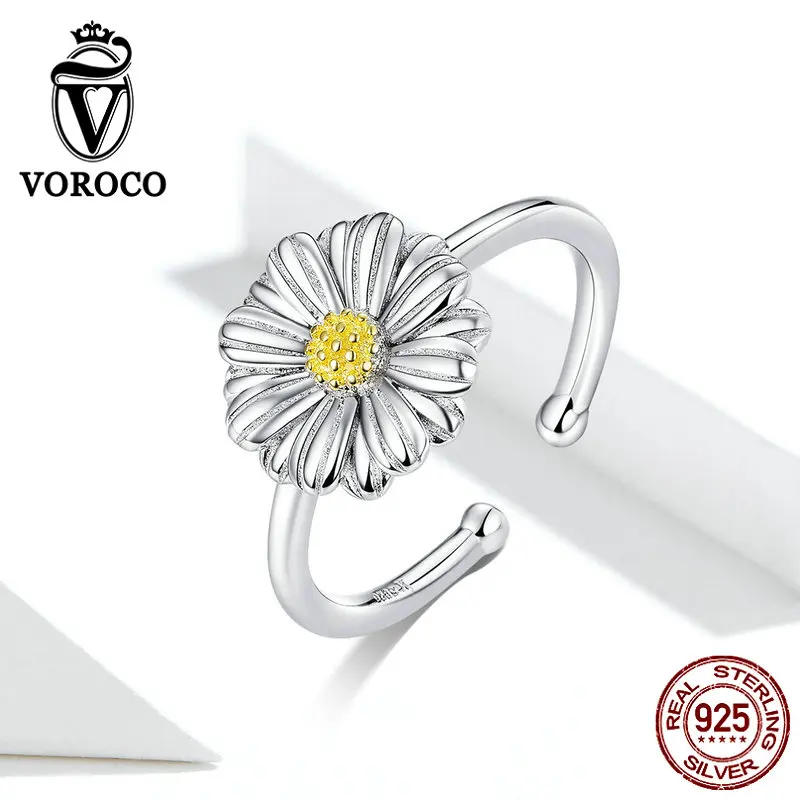 VOROCO ZBS171 Authentic 925 Sterling Silver Jewelry Set Yellow Daisy Ring& Earrings& Necklace& Bracelet Jewel Suit for Women