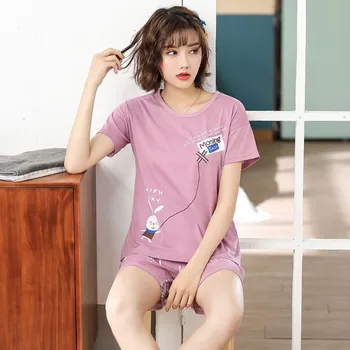 

Foply 2020 New Short Sleeve Top and Shorts Pajama Set Thin Sleepwear Pajamas Women Cartoon Tops Panty Sets Homewear Nightwear