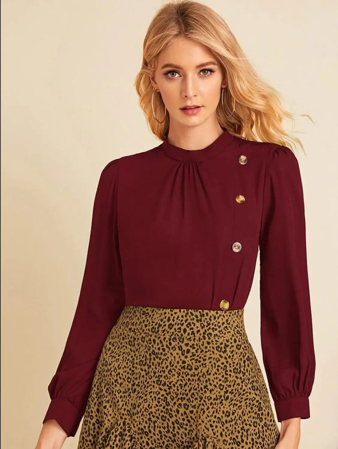 

Linglewei 2019 New style small Mock Neck multi button decorative side long sleeve shirt