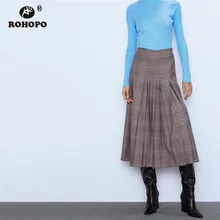 ROHOPO плиссированная юбка миди с высокой талией, клетчатая Осенняя Женская юбка в британском стиле, макси-аккордеон, до середины икры, цвета хаки, Falda#2437