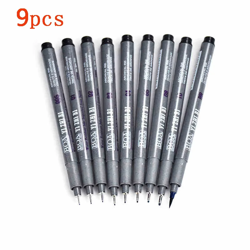 9pcs Waterproof Ink Black Micron Drawing Pen Fine Line Needle Pen