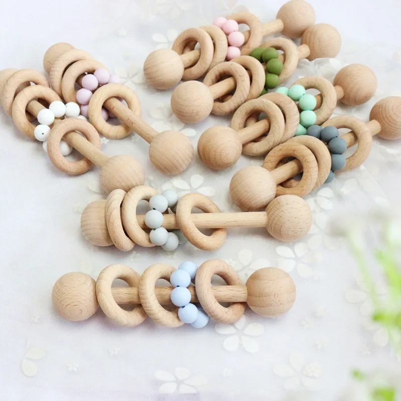 

Wood Teether Bell Baby Infant Handbell Toy Beech+Silicone Teething Gift 1Pcs Molar Rod Ring Rattle Toy Baby Nursing Accessories