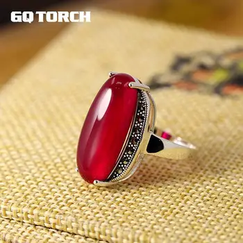 

GQTORCH 925 Sterling Silver Exaggerated Green Agate Red Ruby Large Rings For Women Vintage Ring Fine Jewelry