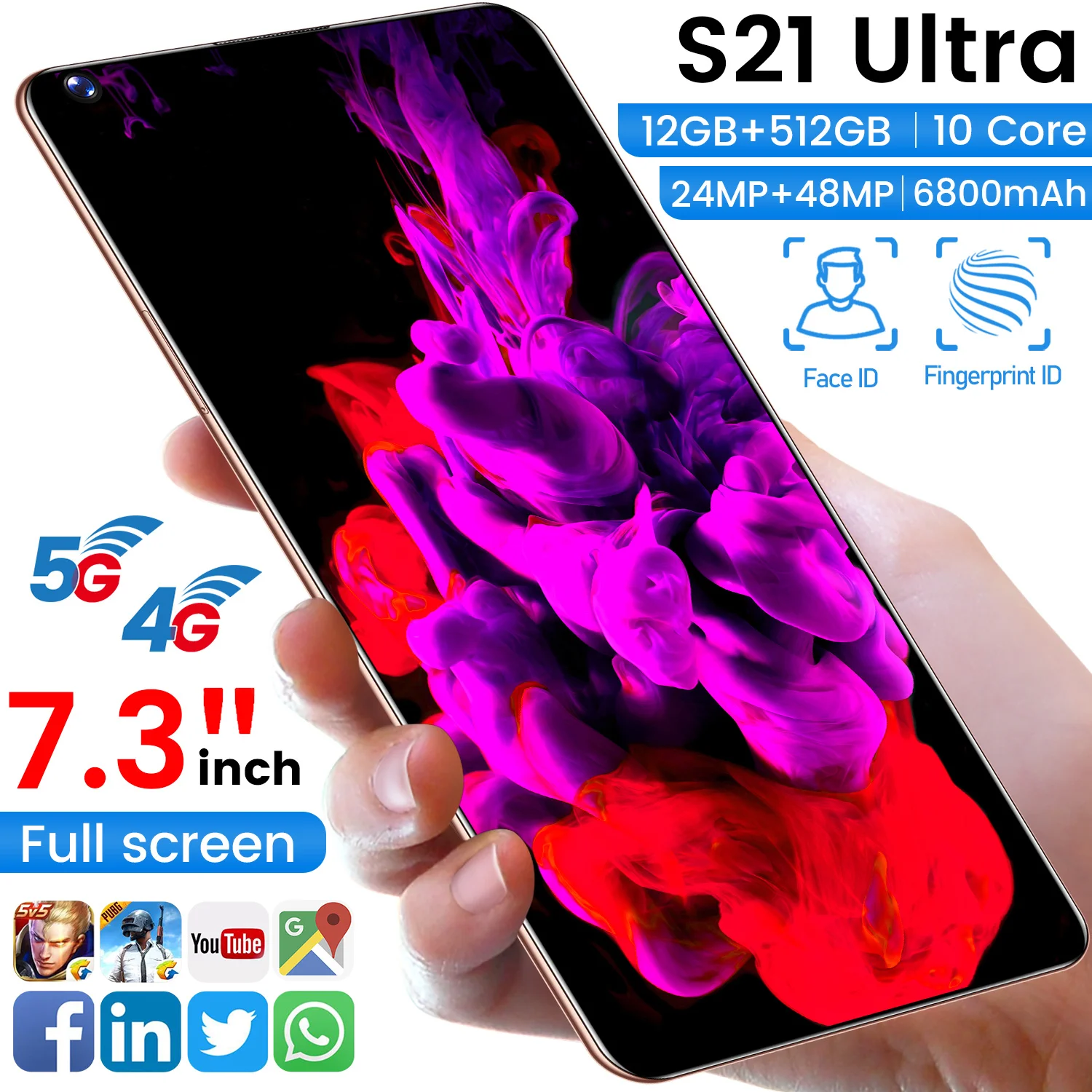 Global Version S21Utra 7.3Inch HD Full Screen Smartphone Android10 6800mAh 12+512GB 24+48MP Dual SIM Deca Core 4G5G Mobile Phone
