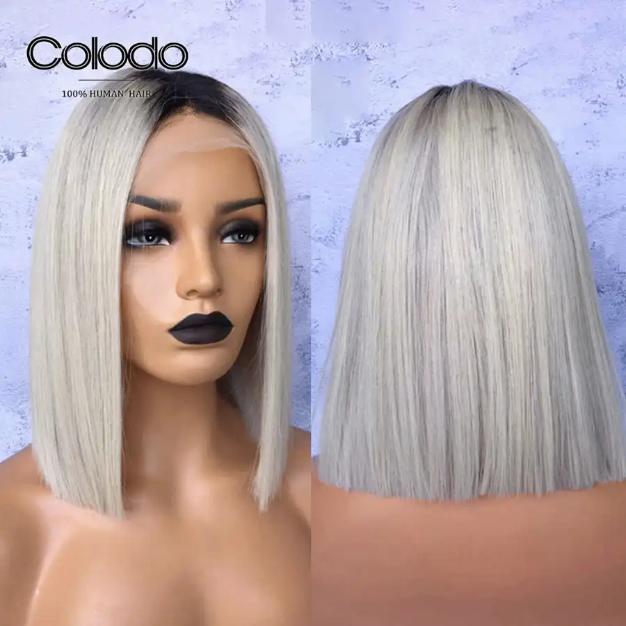 Colodo Ombre Platinum Blonde Remy Hair Lace Front Wig 12 Grey