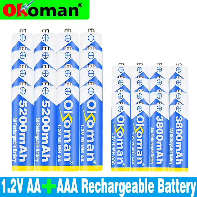 

Okoman High capacity 5200mAh NI MH AA Rechargeable Batteries+AAA battery 3800 mAh Rechageable battery NI-MH 1.2 V AAA battery