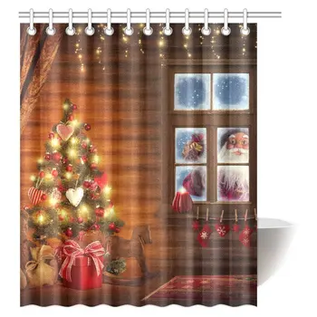 

Merry Christmas Decor Shower Curtain, Room with Christmas Tree and Presents Fabric Bathroom Decor Set with Hooks,