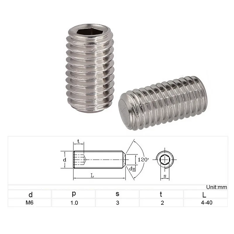 40pcs M6 Для выведения токсинов, 40 шт M3/4/5/6*5 микрометр из нержавеющей стали с резьбой «Безголовый» шестигранных головок винтов со скругленным концом Аллен головной ключ крепежные шурупы - Цвет: 40pcs M6