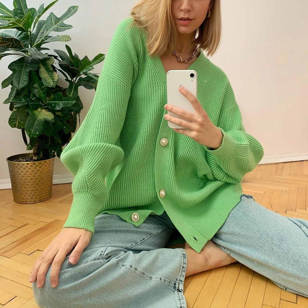 COKAGO-cárdigan de punto verde para mujer, cárdigan de manga larga de gran tamaño con botones, suéteres sueltos