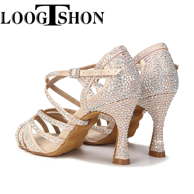 Loogtshon  Latin dance shoes women dancing shoes classic rhinestone shoes roman heel cone heel dance shoes professional heels