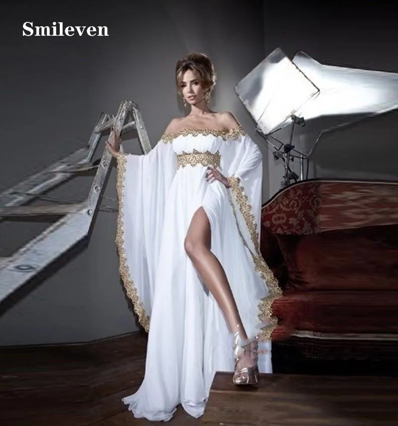 

Smileven Pakistan Formal Evening Dresses Off The Shoulder With Gold Appliques Chiffon African Prom Gowns Side Split Party Gowns