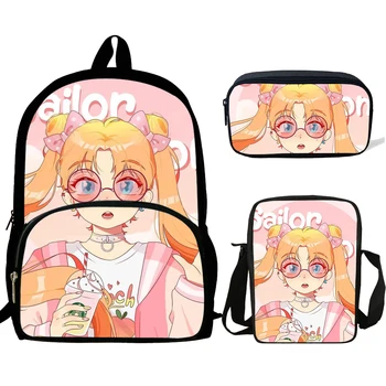 

16inch Kids Schoolbags Teenagers Mochila Pink Sailor Moon Print backpack For Girls Rucksack 3 Set gift