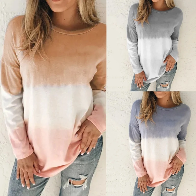 

Women Long Sleeve Tie-Dye Gradient Print Sweatshirt Round Neck Loose Pullover