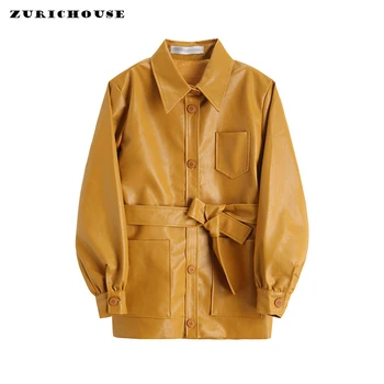 

ZURICHOUSE 2020 Faux Leather Trench Coat Women Mid-long Retro Yellow Leather Jacket Fashion Big Pocket Sashes Motorcycle Jackets