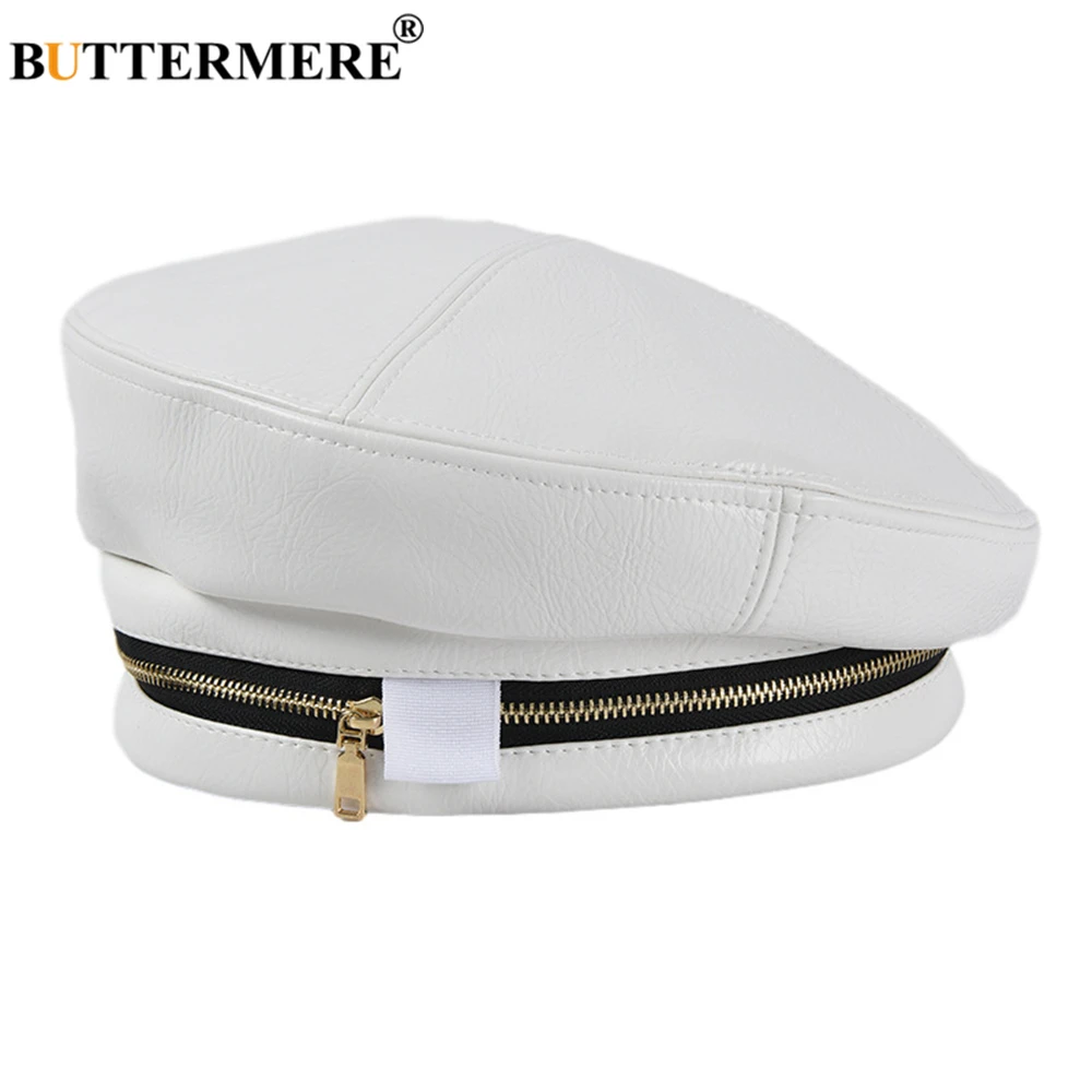 

BUTTERMERE Winter Womens Hats with Zipper Decoration White Leather Berets Caps for Women Designer Brand Special Artist Cap
