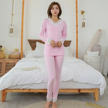 

Women Pajama sets Casual Underwear Pajamas Tops+Pants Long Sleeve V-neck Solid Color Slim lace sleepwear