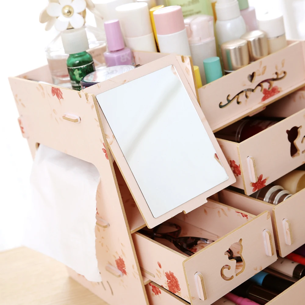

Hot Wooden Large Capacity Makeup Organizer Cosmetic Storage Box with Mirror Desktop Storage Box Multi Drawers DIY Jewelry Contai