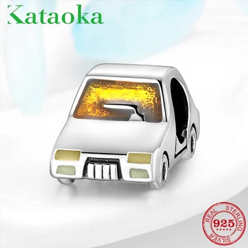 

925 Sterling Silver Lovely Yellow enamel Car charms Beads Fit European Original Bracelet charms femme Jewelry