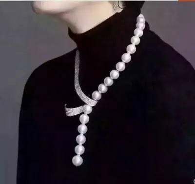 

new desig genuine south sea round 9-10 mm white pearl necklace 24" 925 silver Free shipping