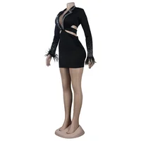 Sexy Black Crystal Deep V Neck Cut Out Mini Dress WoLong Sleeve Feather Details Bodycon Night Clubwear Dress