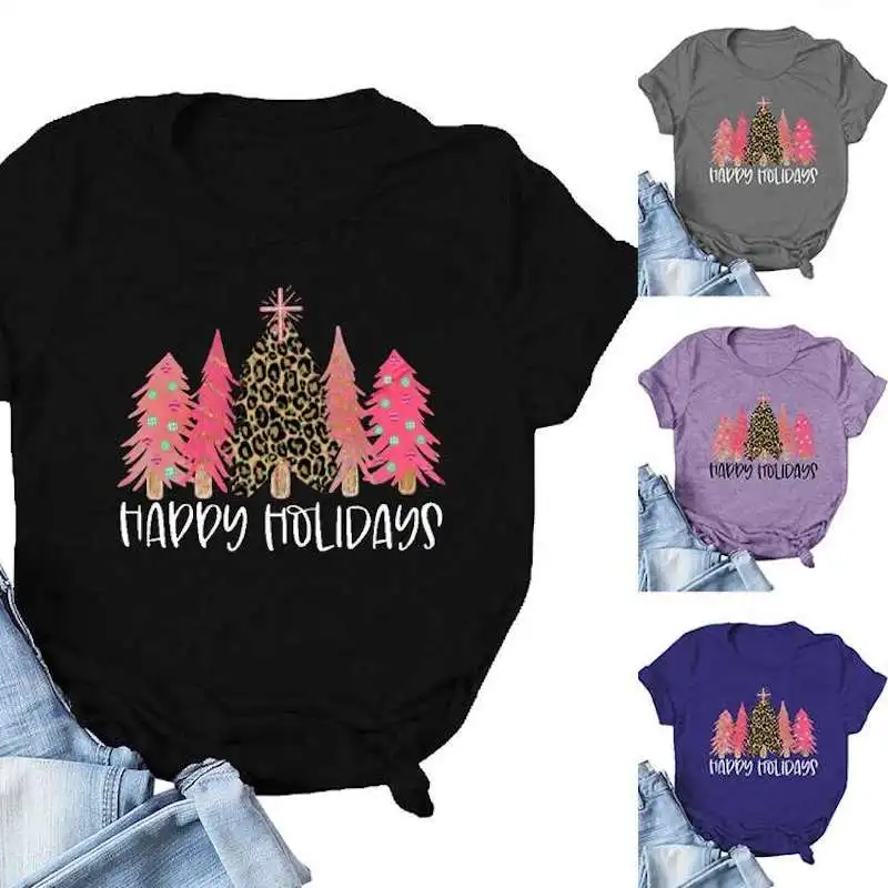 

2020 Christmas T-Shirt Women Tops Happy Holidays Print O Neck Short Sleeve Bottoming Pullover Wearing