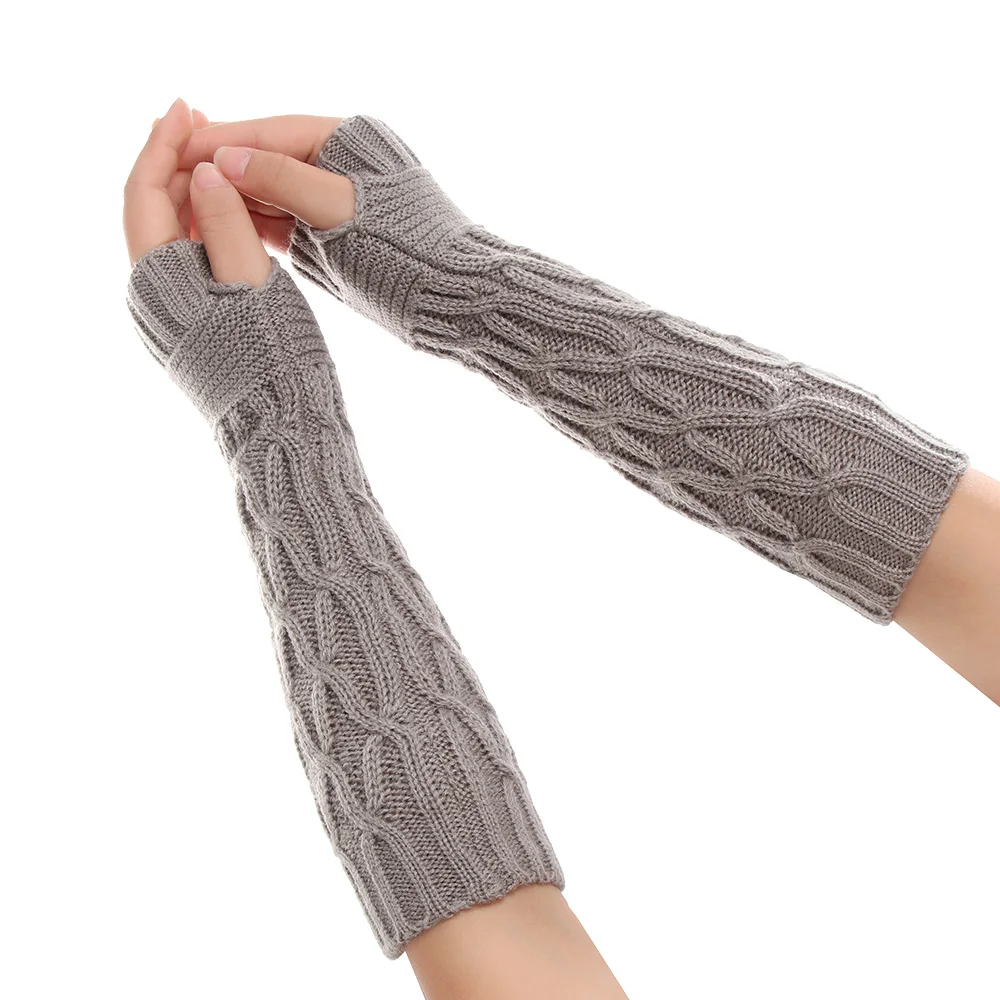 light grey 1 Pair Fashion Autumn Winter Spring Warm Women Ladies Girl Solid Gloves Arm Warmer Long Fingerless Xmas Knitting Wool Mittens - Цвет: light grey