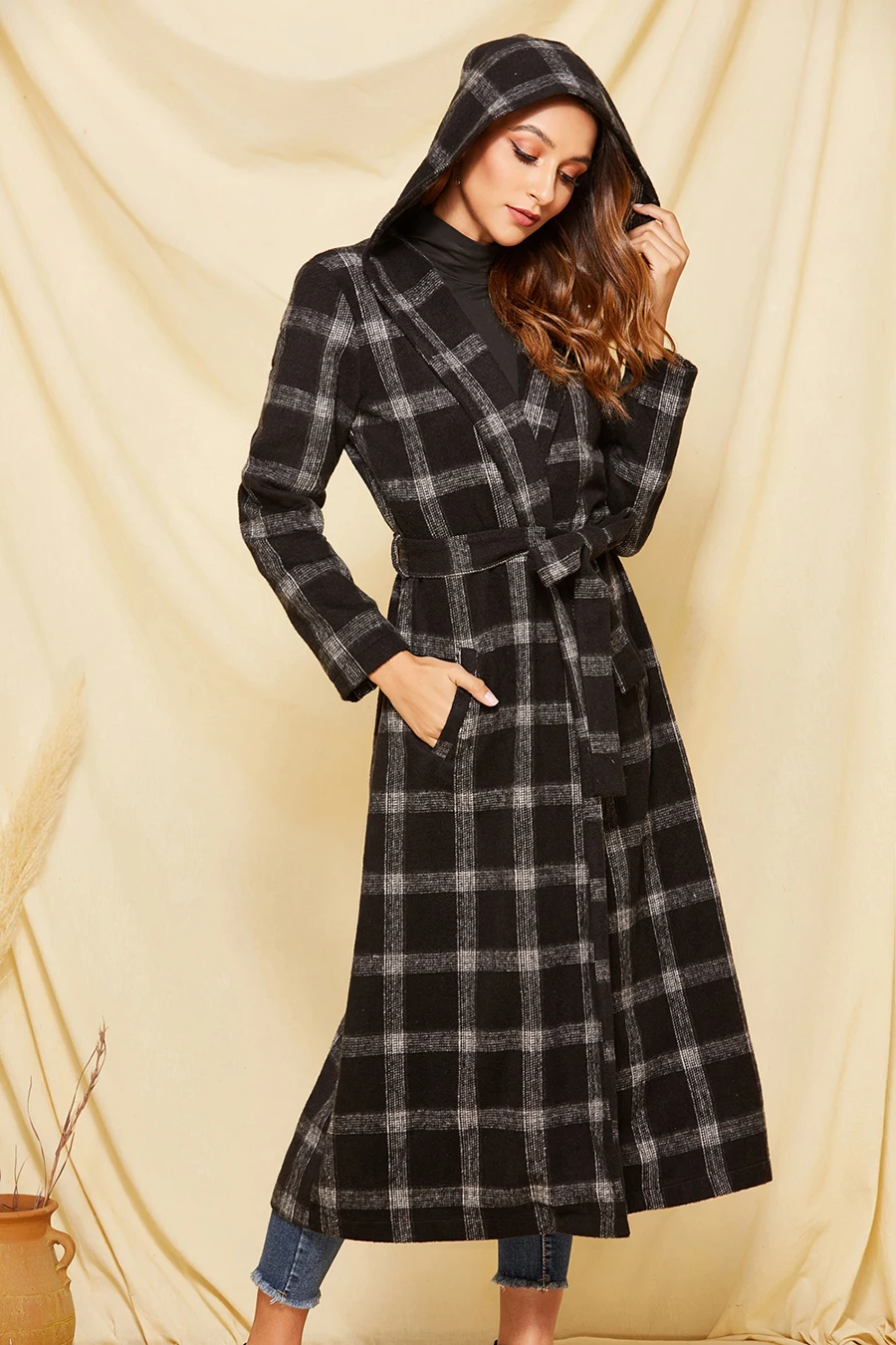 Benuynffy, модное женское длинное пальто с капюшоном, Осень-зима, с поясом, с карманами, в клетку, твидовое пальто, для девушек, Highstreet, шерстяное пальто